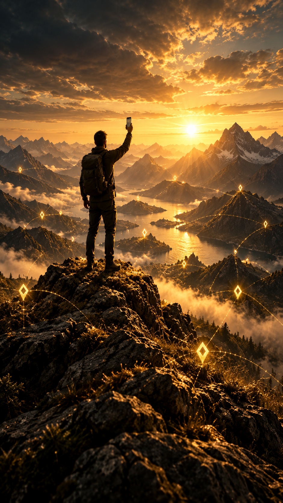 Ein Wanderer auf einem Gipfel blickt über die Berge im goldenen Licht. Leuchtende Wegpunkte verbinden besondere Orte.